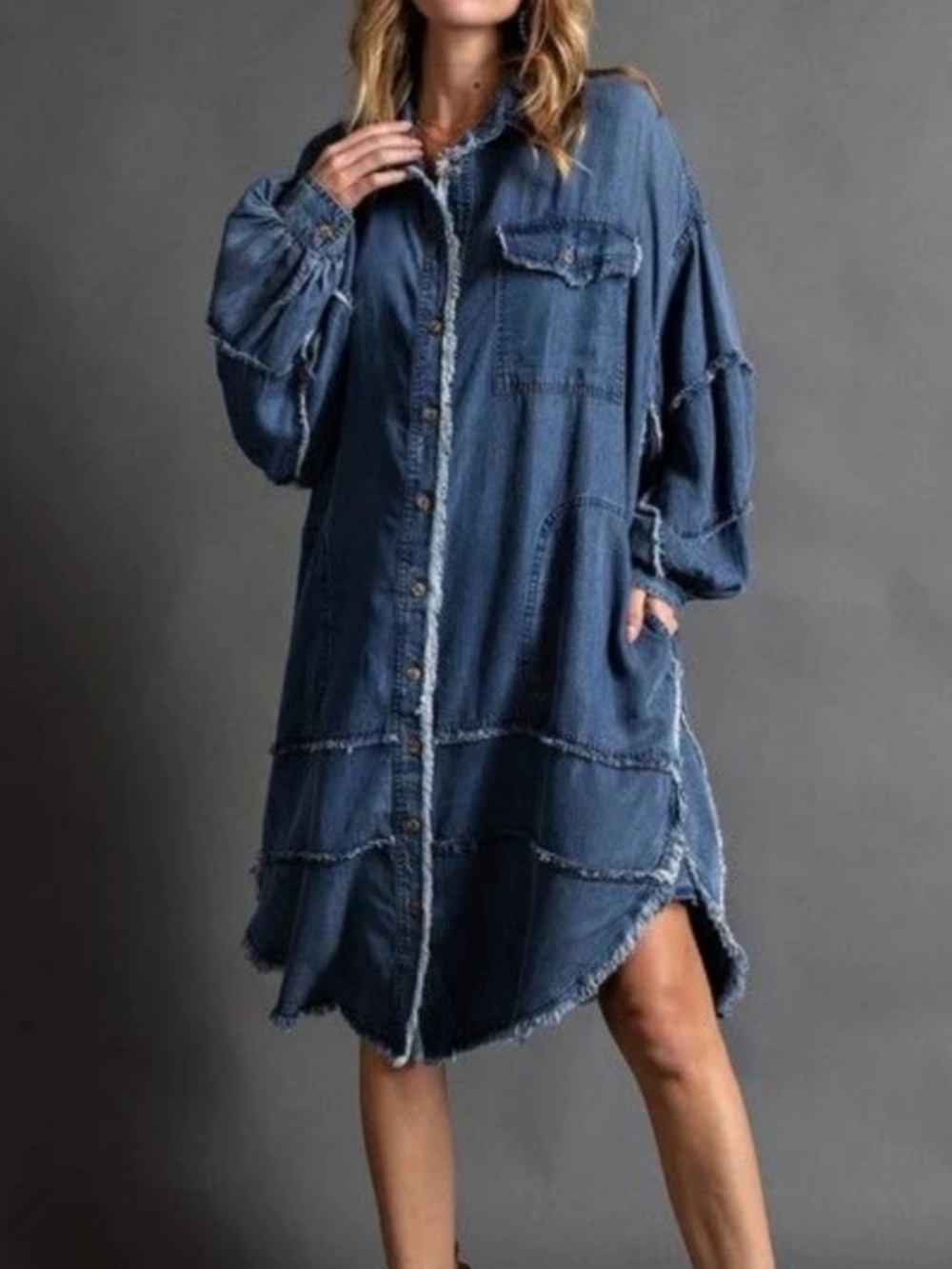 EASEL by Anthropologie Distressed Chambray Oversized Shirt Dress Raw Hems Sz L